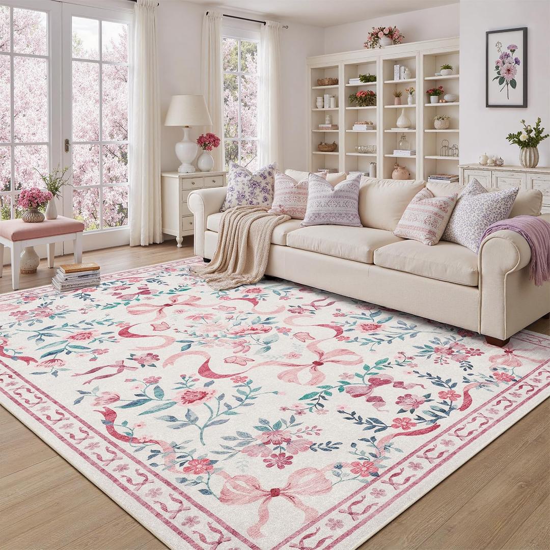 DCX Washable 8x10 Bow Rug, Pink Floral Rug for Girls Bedroom, Cute Soft Low Pile Indoor Dcor Carpet, Kid & Pet Friendly Nursery Rug for Living Room, Dorm, Playroom