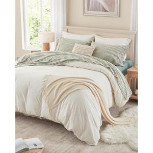 PURE ERA King Sheet Set 100% Washed Cotton Gingham Bed Sheets King Size,4 Pieces Set, Soft,Breathable, Durable,Linen Feel - 15" Deep Pocket - Checked Sage Green