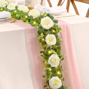 BLEUM CADE 2 Pack 6 FT Artificial Flower Garland with Lights, Fake Floral Garland with White Rose, White Flower Garland Decorations for Wedding Centerpieces Backdrop Arch Party Room Wall Spring Decor