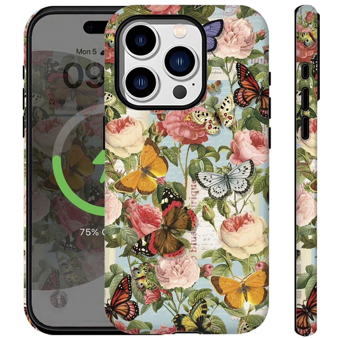Compatible for iPhone 14 Pro Case Vintage Butterfly Rose Cute Aethetic Design for Women Girls [Compatible with Magsafe] Shockproof Anti-scratch Phone Case for iPhone 14 Pro, Retro Butterflies