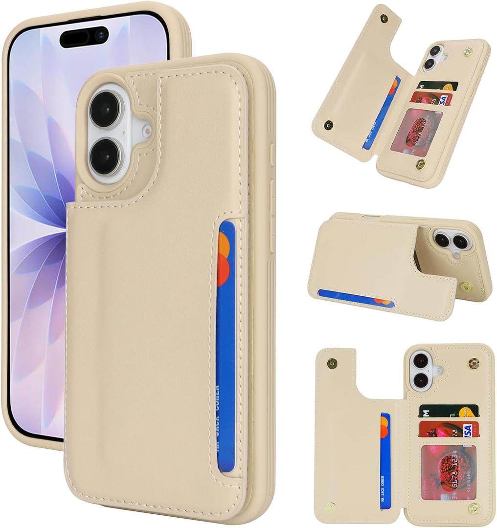 iCoverCase Compatible with iPhone 17 Wallet Phone Case with Card Holder for Women Men, [RFID Blocking] Card Slots PU Leather Protective Wallet Case 6.3 Inch (Beige)