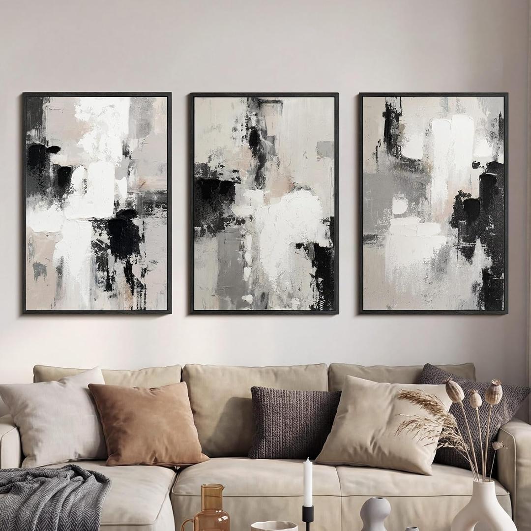 Modern Neutral Abstract Canvas Wall Art Set of 3, Extra Large Black White Gray Triptych Hand Painted Artwork 24x36, Solid Wood Framed Contemporary Minimalist Living Room Bedroom Office Decor, 24"x36"x3pcs
