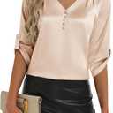 2026 Womens 3/4 Sleeve Shirts Dressy Casual Tops Pleated Satin Silk Business Blouses (Beige, M)