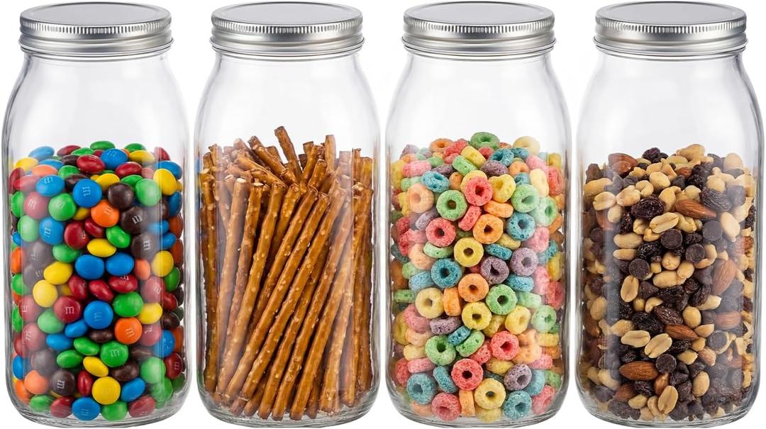 novelinks 64 oz Large Plastic Mason Jars with Airtight Lids, 4 Pack Big Jars Wide Mouth and Plastic Storage Containers for Pantry, Pickle, Sauce, Sugar (4 Pack,Silver)