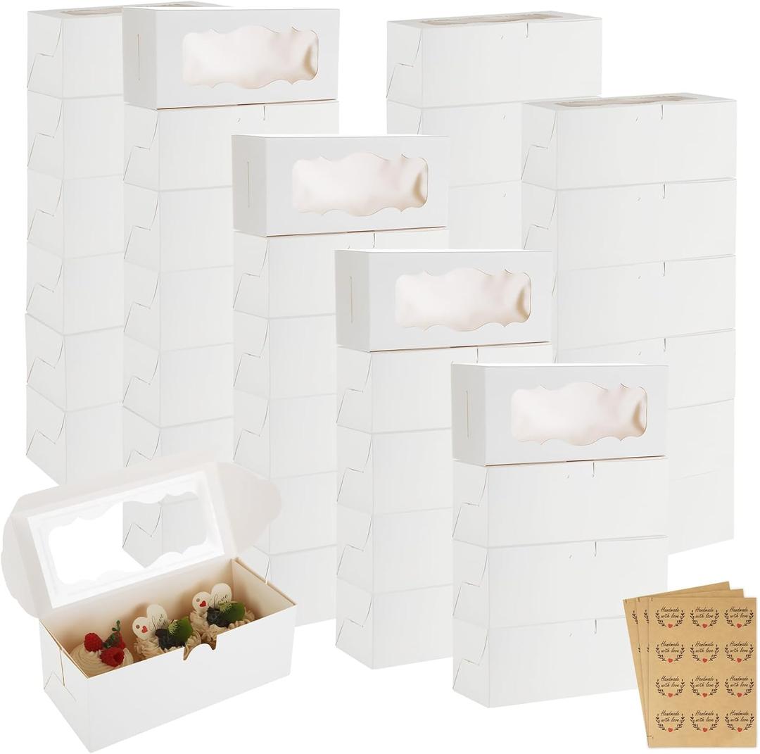 50PCS 9 x 4 x 3 Inch Cookie Boxes with Window White Bakery Boxes with Window 9 x 4 x 3 Small White Macaron Box with Windows Swiss Roll Cake Box with Windows for Dessert, Donuts, Candies