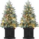 3ft Christmas Tree 2 Set, Pre-Lit Artificial Christmas Tree with Vintage Potted Base, Flocked Snow 70 Warm White LED Lights Red Berries, Festival Decoration Xmas Holiday Decor for Home, Entrances