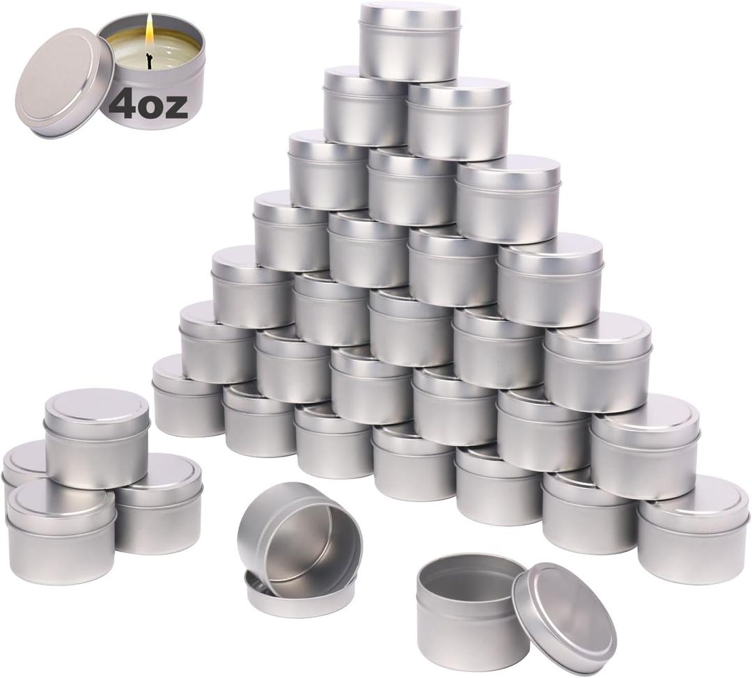 48 Pack 4 oz Sliver Metal Candle Tins with Lids, Round, Matte Finish, for DIY Candle Making and Storage