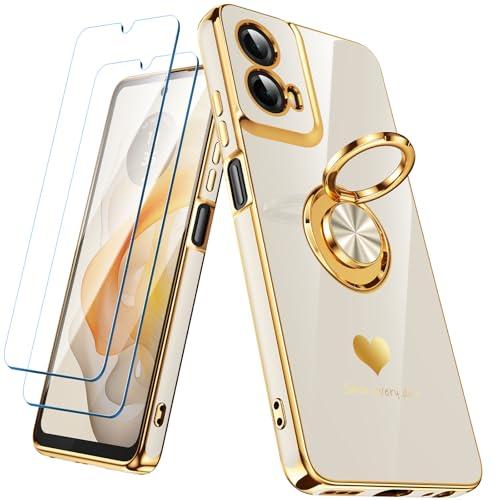 Nonional for Moto G Play 2024 Case with 2 Pack Screen Protector, 360° Rotatable Ring Holder [Luxury Hearts Pattern] Plating Gold Edge Slim Soft Phone Case for Moto G Play 4G 2024 - White