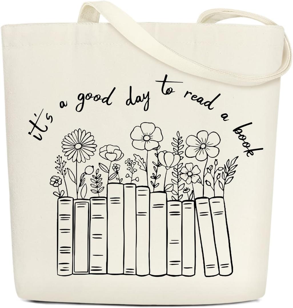 Books and Flowers Canvas Tote Bags for Women Aesthetic Gifts for Women Birthday Christmas Minimalist Cotton Tote Bag for Shopping Work Reusable Grocery Shoulder Bag with Wide Strap - DH689