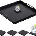 Remagr 24'' Square Extra Large Ottoman Tray, Wood Serving Tray with 4 Coasters and Metal Handles Decorative Coffee Table Platter for Living Room Sofa Food Tea Server Housewarming Home Gift(Black)