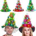 Camlinbo 3 Pcs Christmas Hats, Tinsel Tree Santa Hat with 30 Colored LED Lights, 3 Lighting Modes, Xmas Party Costume Accessories