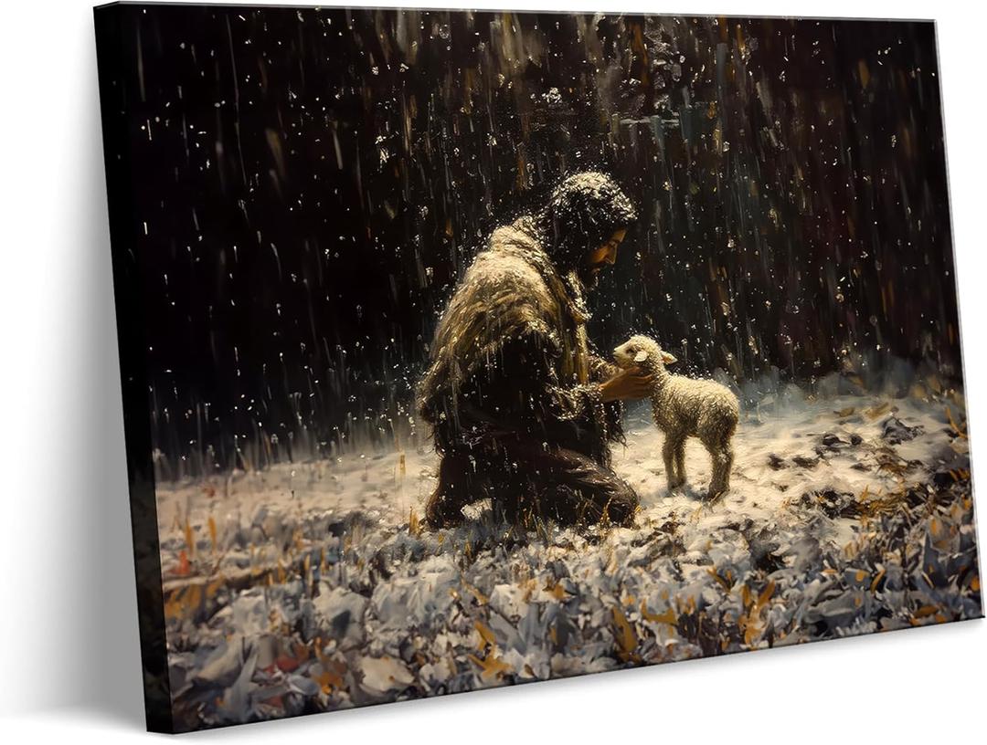 Jesus and Lamb Canvas Wall Art Jesus Christ Finds the Lost Lamb Poster Print Christian Lost Sheep Parable The Good Shepherd Wall decor Pictures for Living Room Bedroom Church Decoration 12x16in