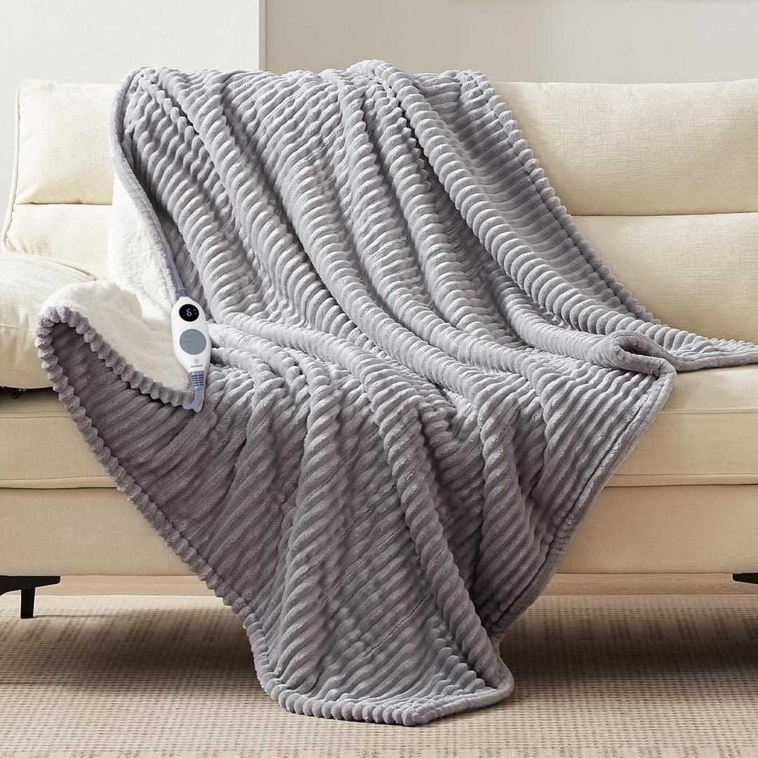 Westinghouse Heated Throw Blanket, Soft Flannel Sherpa Electric Throw with 6 Heating Levels & 2-10 Hours Auto Shut Off, Fast Heating & ETL Certification, Machine Washable, 50x60 Inch, Light Grey