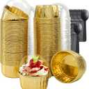 Cupcake Muffin Liners With Lids 100 Pack,LNYZQUS 5.5 Oz Large Foil Baking Cups Muffin Tins,Disposable Ramekins Cupcake Cups Cupcake Wrappers Holders For Wedding Valentine,with Spoons-Gold
