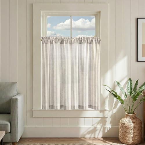 jinchan Striped Linen Kitchen Curtains 36 Inches Tier Curtains Farmhouse Modern Cafe Style Small Window Treatments Airy Light Filtering Rod Pocket for Living Room Bathroom 2 Panels Taupe Grey