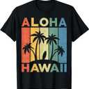Aloha Hawaii Hawaiian Island Shirt Palm Beach Surfboard Surf T-Shirt (Small, Black)