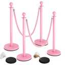 4Pcs Pink Stanchions and Velvet Ropes, Crowd Control Barriers with Sand or Concrete-Fillable Leakproof Base, 2Pcs 5ft Stainless Steel Posts for Wedding, Baby & Bridal Shower, Birthday & Prom