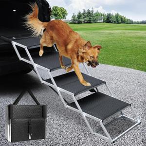 DGSL Dog Ramp for Car, 4-Step Folding Dog Stairs, Aluminum, Black, Supports Up to 250 Lbs