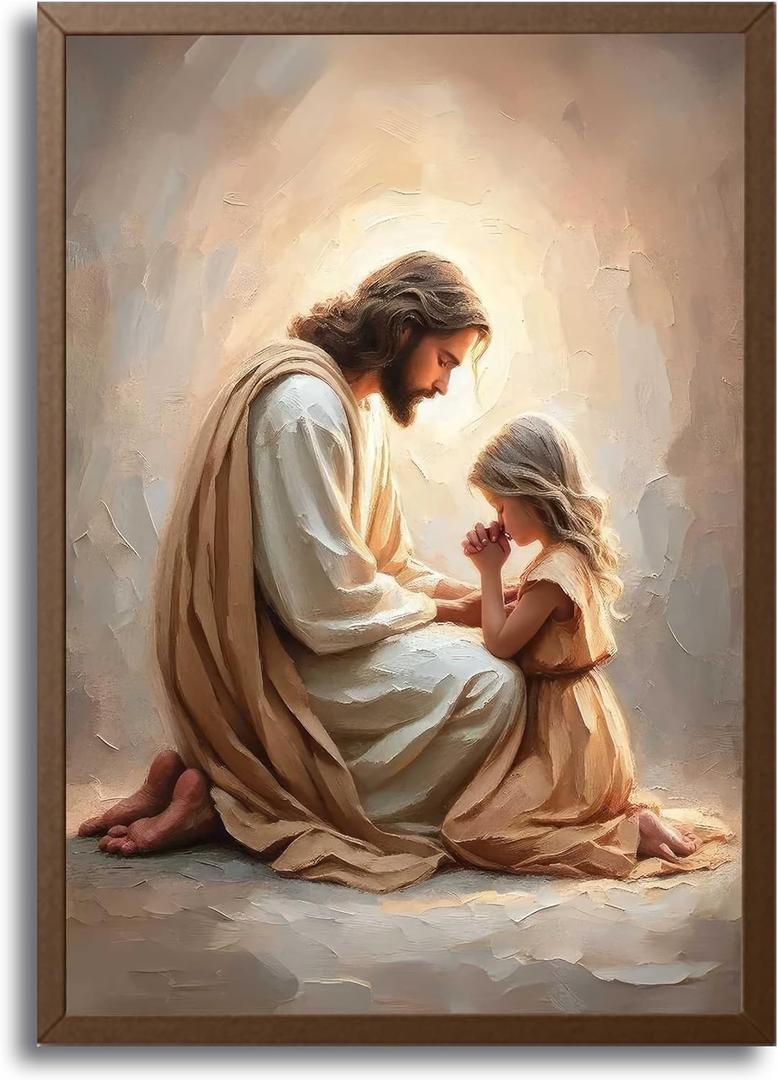 Jesus Praying with Girl Wall Art Christian Canvas Paintings Jesus with Children Wall Decor Religious Bible Story Posters Prints for Living Bedroom Room Church Home Pictures Decoration Unframe (12"L x 16"W)