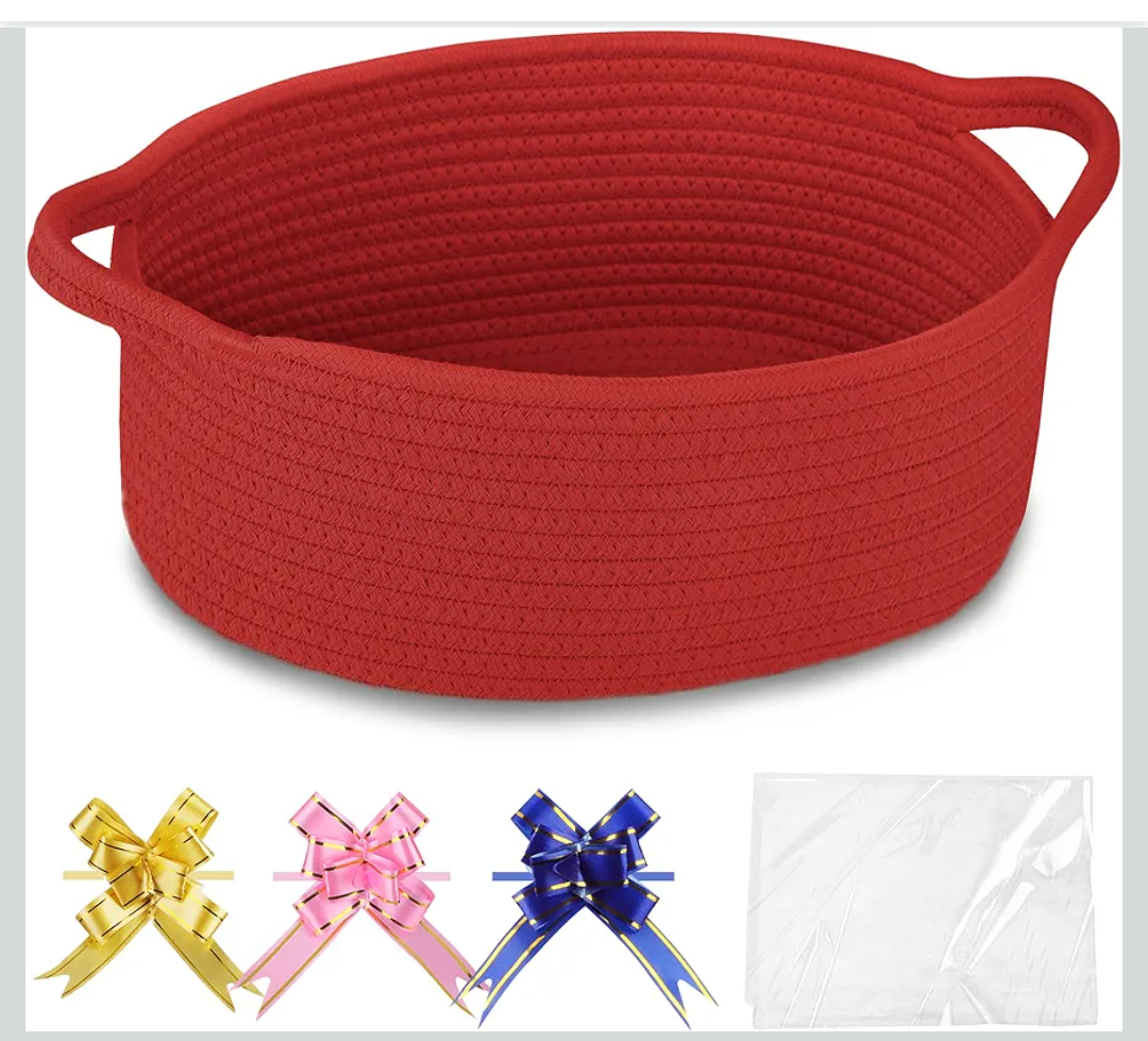 COMSE Small Woven Basket with Gift Bags and Ribbons, Gift Basket Empty, Cotton Rope Storage Organizer, Baby Toy Box with Handles, 12" x 8" x 5", Red (2 Pack)