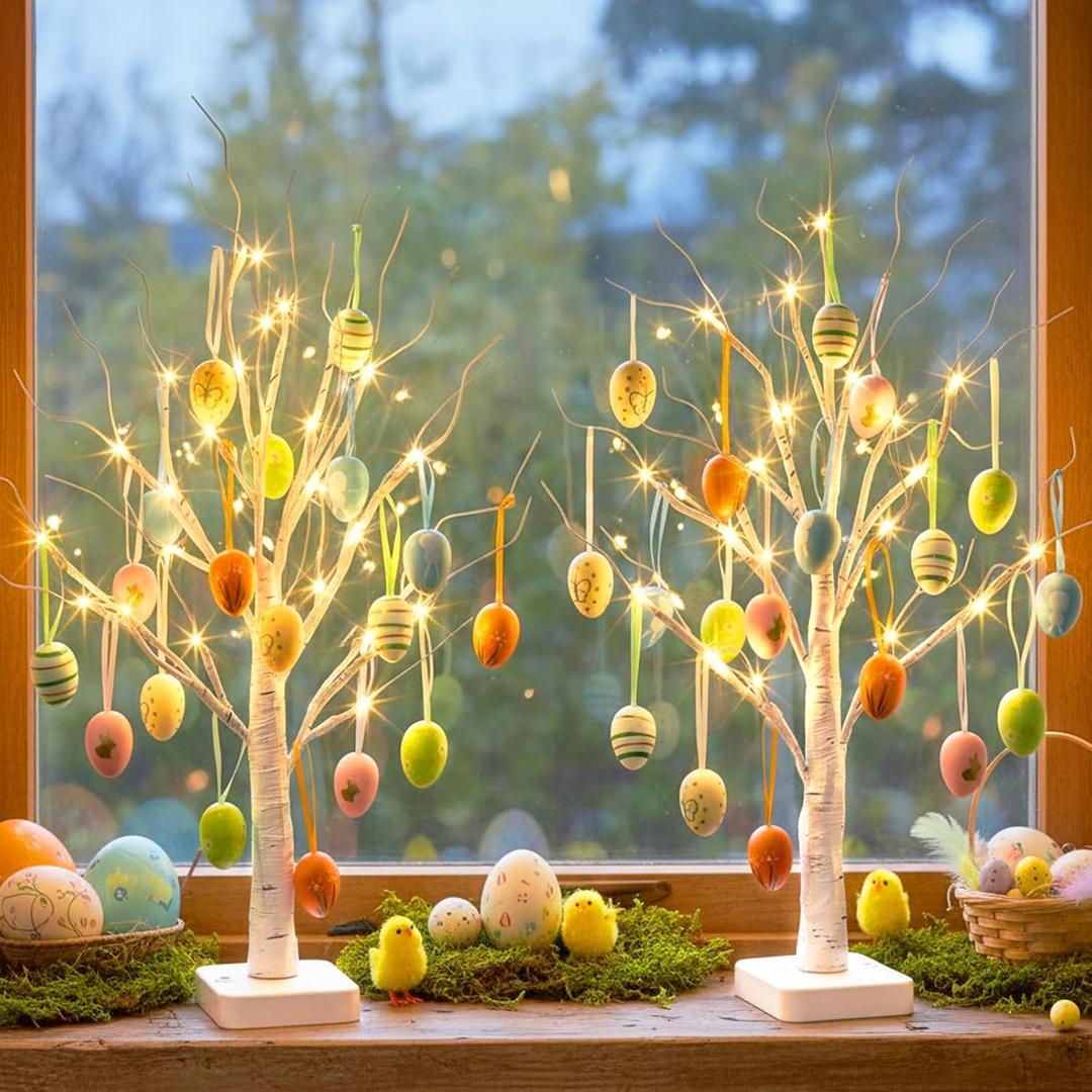 EAMBRITE Easter Decorations, Easter Egg Tree with 36 pcs Eggs Ornaments, Lighted White Birch Tree with Timer Battery Powered, for Home Tabletop Centerpiece Spring Indoor Decorations (2 Pack, 24 LED)