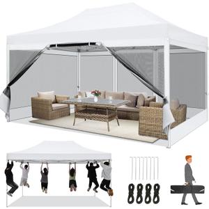 COBIZI 10x15 Heavy Duty Pop Up Canopy with 4 Sidewalls, Commercial Gazebo Party Tent with Mosquito Netting Wall Easy Set Up Outdoor Instant Screen Tent for Backyard, Patio, Garden, White