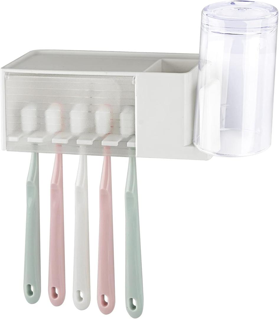 5 Slots Wall Mount Toothbrush Holder with Cover, Self Adhesive Toothbrush Storage Organizer for Shower, Toothpaste & Toothbrush Hanger for Bathroom, Medicine Cabinet, Dorm (White)