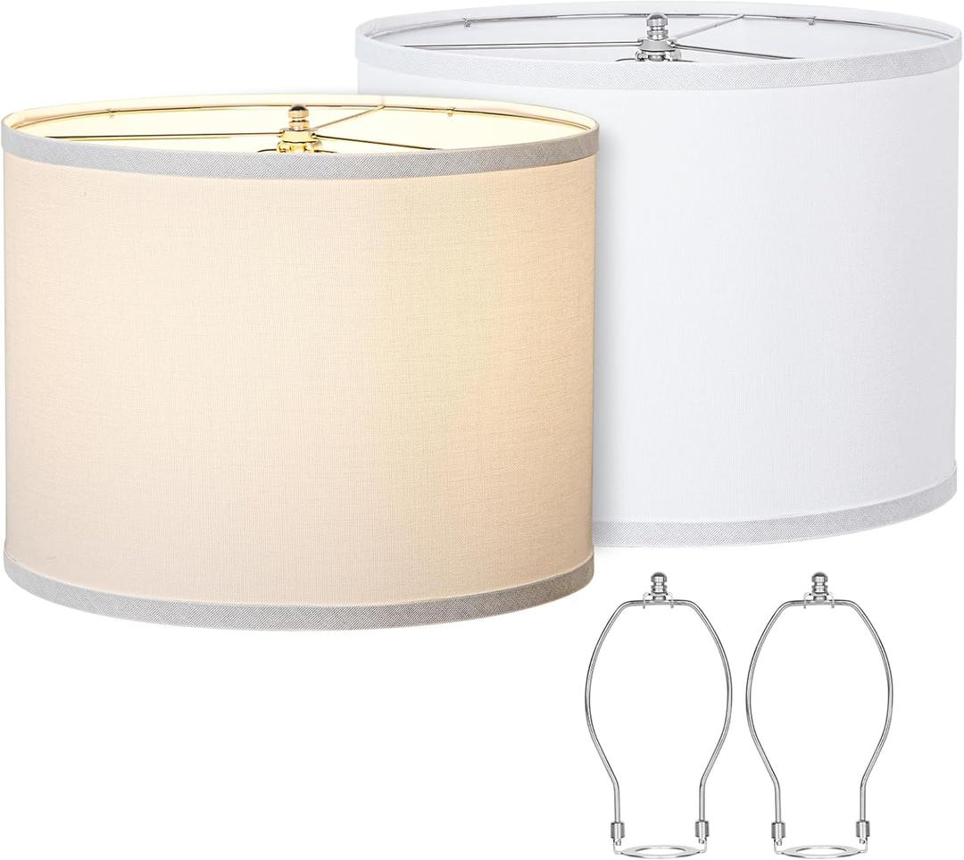 Lamp Shades Set of 2, Drum Lampshades 13" Top x 13" Bottom x 10" High with Spider Fitter, Large Replacement Lamp Shades for Table Lamps, Floor Lamps, Easy Assembly Required (2, White)