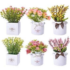 LUEUR 6Pcs Artificial Flowers with Ceramic Pot Fake Flower Arrangements Small Faux Spring Flowers in Vase Home Spring Decor, Centerpiece Table Decorations for Farmhouse Office Shelf Dining Table