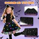 Black Cat Costume for Girls, Halloween Cat Costume Set with Light Up Tutu Skirt, Ears Headband Tail Gloves for Kids