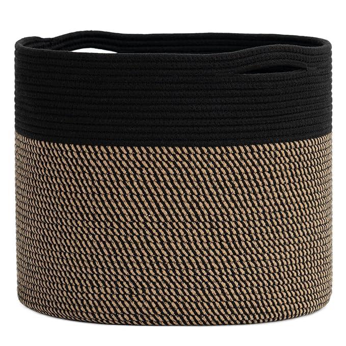 90L Extra Large Blanket Basket,Woven Rope Laundry Basket Hamper with Handles, Decorative Nursery Basket Storage Bin for Toys, Clothes Organizer, Living Room, Bedroom, Bathroom, White & Brown