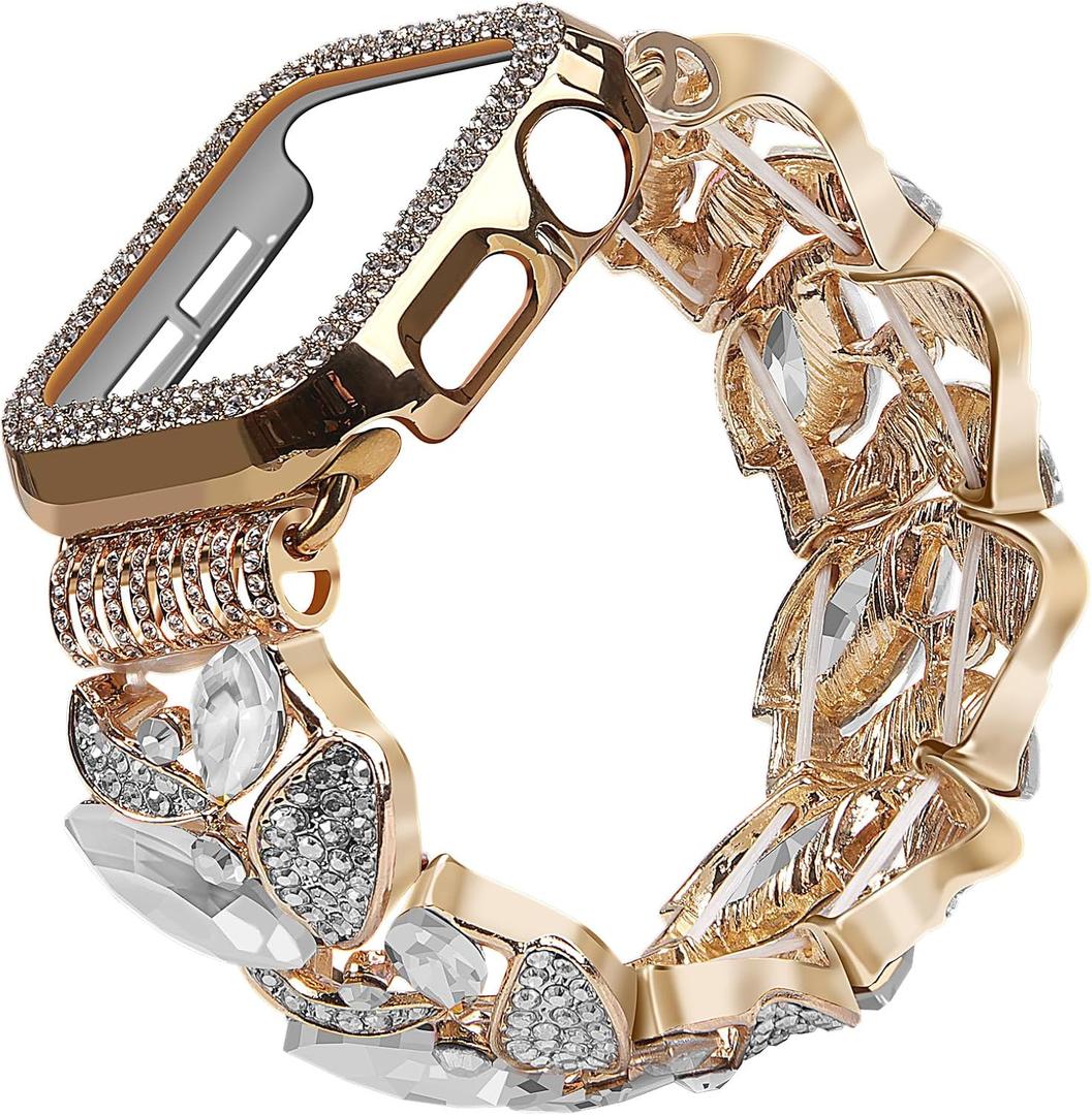 VIQIV Bling Dressy Bracelet with Case Compatible with Apple Watch Bands 38/40/41/42/44/45/49mm for Women Strethy, Cute Slim Metal Wristband Strap for iWatch Ultra 2/Ultra Series 9/8/7/6/5/4/3/2/1/SE