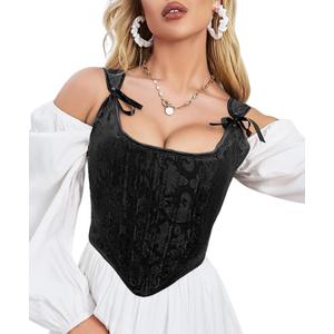 Dreay Womens Vintage Asymmetrical Hem Overbust Corset Tie Front Lace-up Back Bustier Shapewear Top (Black, M)