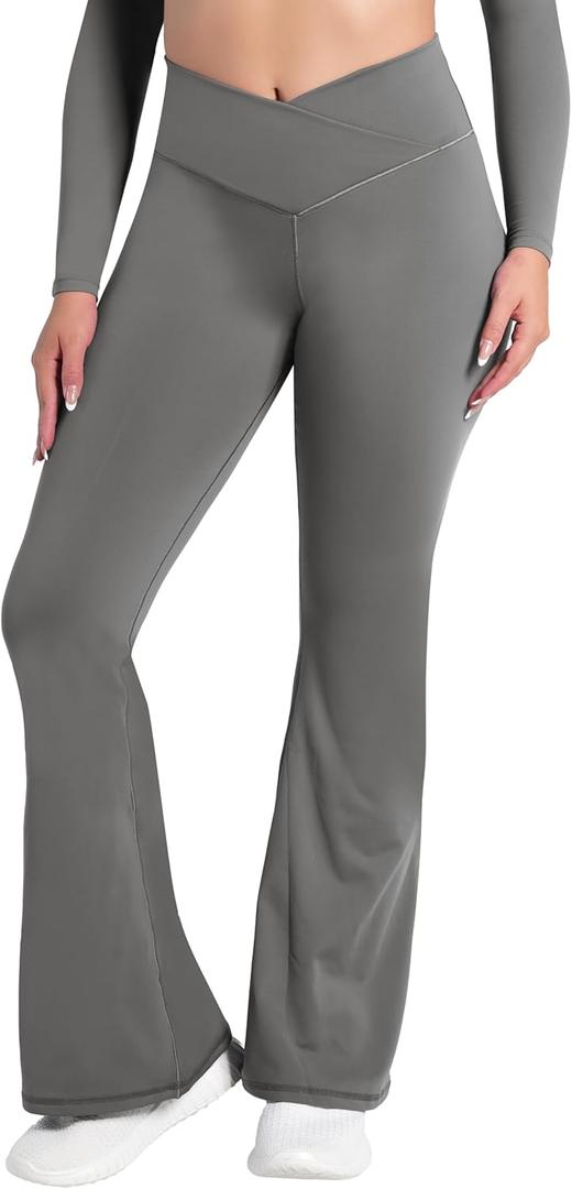Sunzel Flare Leggings, Crossover Yoga Pants with Tummy Control, High-Waisted and Wide Leg (Small, Coastal Gray)
