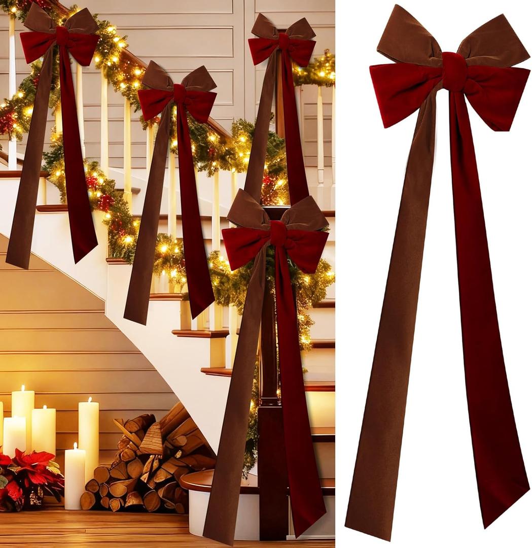 4Pcs Large Christmas Velvet Burgundy Bows13'' x 45''Christmas Front Door Bows with Long Tail Ribbon Xmas Tree Topper Holiday Wreaths Decor Stair Garland for Mantel Fireplace Porch
