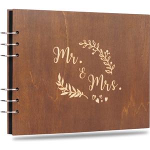 Creawoo 11 Mr&Mrs Wooden Guest Book Album Memory Keepsake for Wedding Anniversary Birthday with 80 Pages Blank Black Cardstocks - Available at Least 160 Pictures