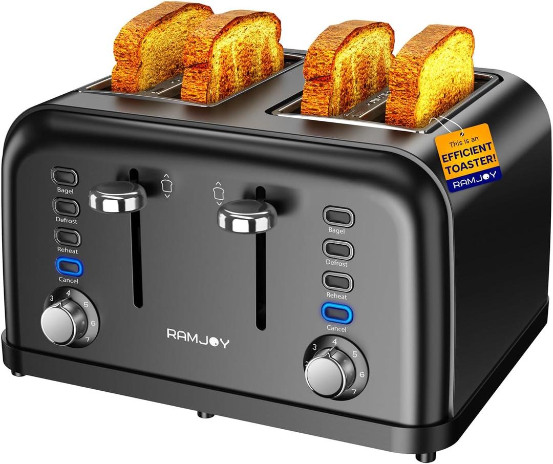 RAMJOY Black Toaster 4 Slice, Dual Independent Controls, Extra Wide Slot Toasters for Bagel, Bread, Waffles, 7 Shade Settings, 4 Main Functions, Removable Crumb Tray, 1500 Watts, Black Stainless Steel