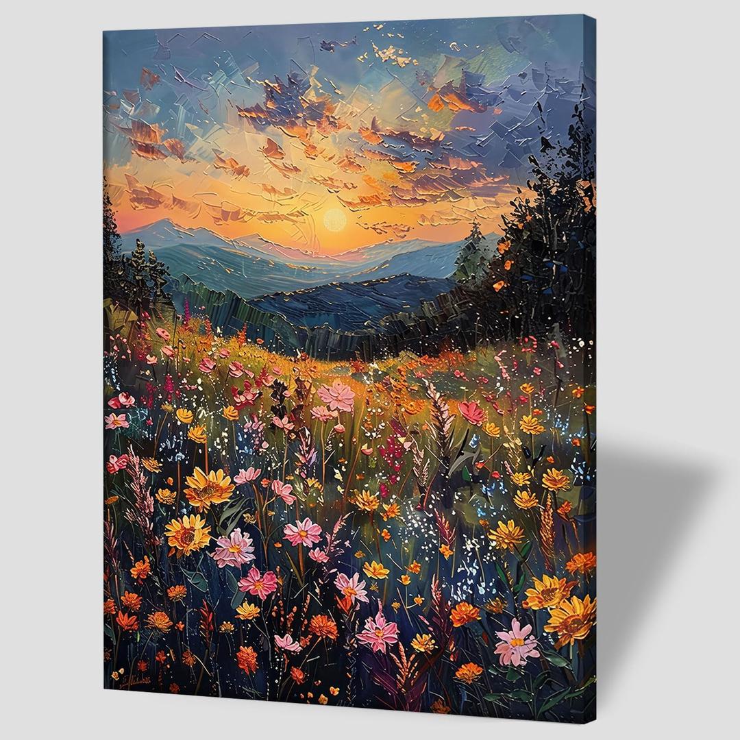Framed Sunset Wildflower Field Canvas Wall Art Floral Landscape Painting for Living Room Gallery Style Nature Poster Print Botanical Picture Painting Artwork 16x24 Inch Ready to Hang
