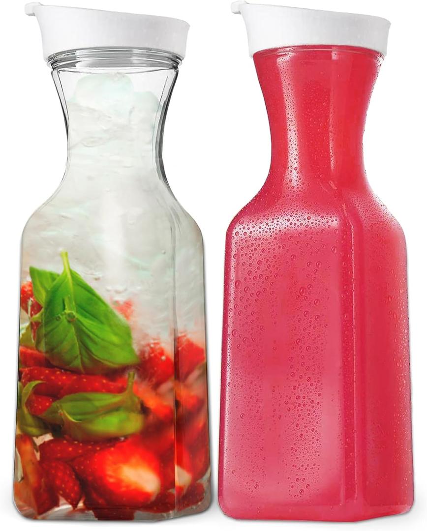 DilaBee Plastic Water Pitcher With Lid - Square Clear Carafe Pitchers for Drinks, Milk, Smoothie, Iced Tea, Mimosa Bar Supplies - BPA-Free - NOT DISHWASHER SAFE - (2-Pack, 32 Ounce,)