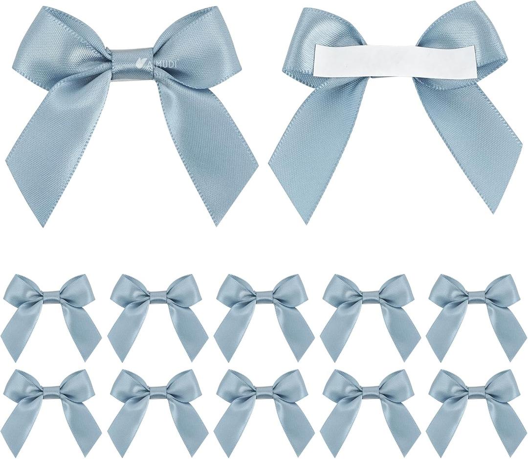 AIMUDI Dusty Blue Satin Ribbon Bows 2" Self Adhesive Satin Bows for Gift Wrapping Premade Ribbon Bows with Double-Sided Tape for Making Crafts Baby Shower Birthday Party Wedding Decorations, 50 PCs