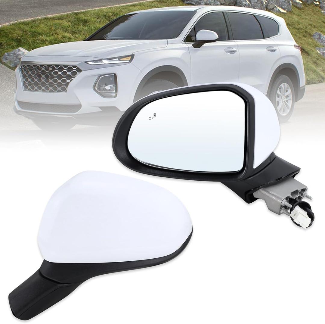 Left Driver Side Mirror Compatible With 2019 2020 2021 2022 2023 Hyundai Santa Fe With Manual Folding Power Glass Blind Spot White Replace #87610-S2010 (5Pins)