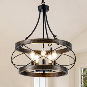 5-Light Farmhouse Chandelier, 17.72" Rustic Drum Dining Room Light Fixture, Bronze Chandeliers Hanging Pendant Lighting, Industrial Candle Chandeliers for Living Room Kitchen Entryway Bedroom, 17.72"【E12】