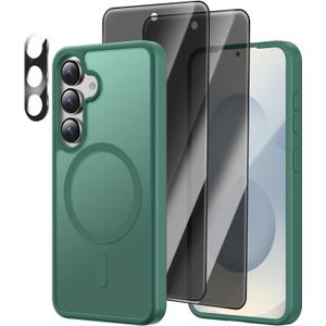 [4 in 1] Magnetic for Samsung Galaxy S25 Case, 2 Pics Privacy Screen Protectors and 1 Pic Camera Protector, Fit for MagSafe, Military Grade Shockproof Translucent Matte Galaxy S25 Cover 6.2, Green