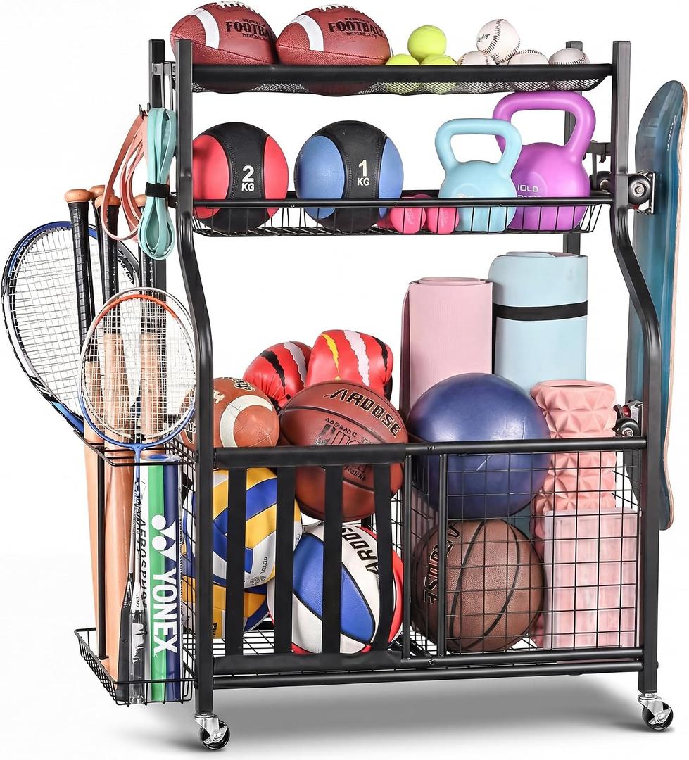 PLKOW Sports Equipment Storage for Garage, Indoor/Outdoor Sports Rack for Garage, Ball Storage Garage Organizer with Basket and Hooks,Toy/Sports Gear Storage