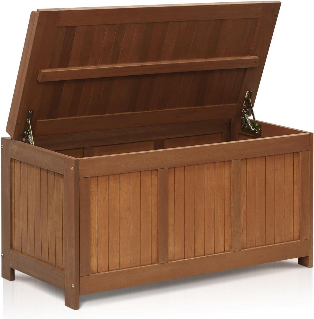 Furinno FG17685 Tioman Outdoor Patio Furniture Hardwood Deck Box in Teak Oil, Natural,  and needs, Dimension: 44. 49(W)x23. 43(H)x20. 55(D) inches. Holds up to approx. 395 lbs.