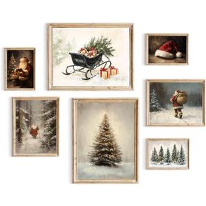 TWNSLLA Vintage Wall Art Set of 7,Vintage Christmas Wall Decor,Moody Snowy Landscape Painting Winter Wall Art,Reindeer Pine Tree Santa Claus Art Prints,Vintage Pictures Wall Decor Living Room Bedroom,Unframed