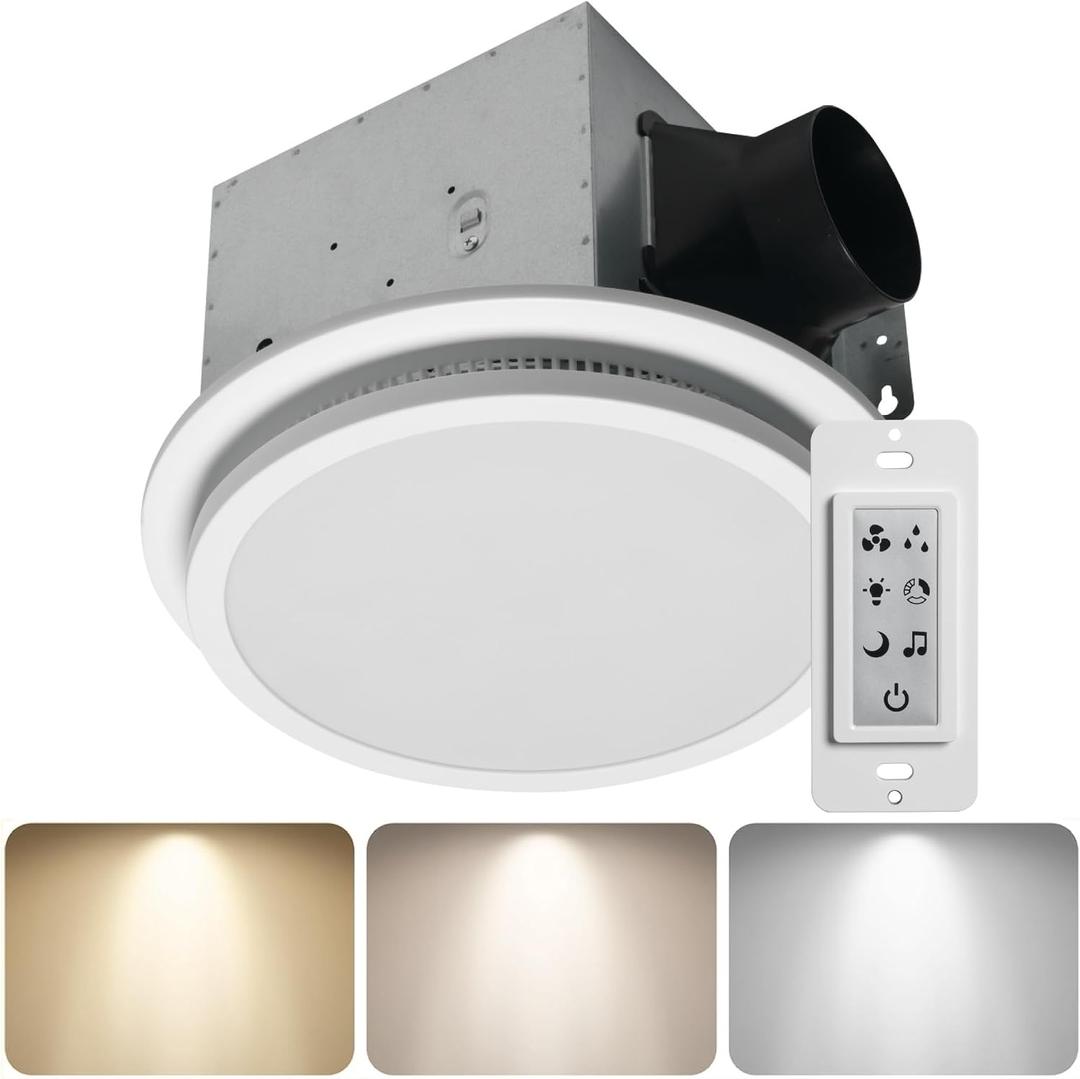 Homewerks 7130-20-BT Humidity Sensor Bathroom Fan with Color Changing LED Light and Bluetooth Speaker 110 CFM 1.5 Sones 3 Temperatures 3000K 4000K 5000K 1000 Lumens With Wall Switch