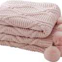 ATMOSURELY Ultra Soft Chenille Cable Knit Throw Blanket with Handmade Pom Poms Cozy Fluffy Knitted Blanket Lightweight Warm Woven Farmhouse Blanket for Bed Sofa Couch 50x60 Inches (Geometry Pink)