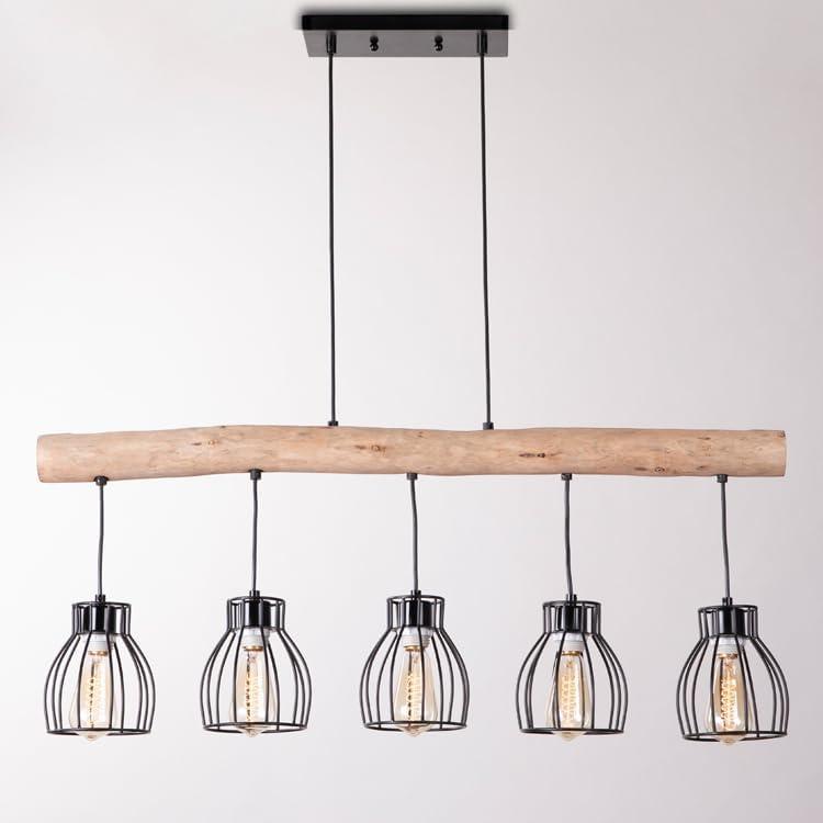 Farmhouse Dinning Room Pendant Light, 5-Light Chandelier for Kitchen Island Wood Rustic Ceiling Black Pendant Hanging Lamp for Kitchen Table Hallway Warehouse, etc (Five Cages)