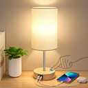 AKASUKI Table Lamp for Bedroom, 3 Way Dimmable Touch Lamp with Dual Charging Station, Small Bedside Lamps for Night Stands, Living Room, Office(LED Bulb Included) (14.25 in, Cream Shade-Wood Base)